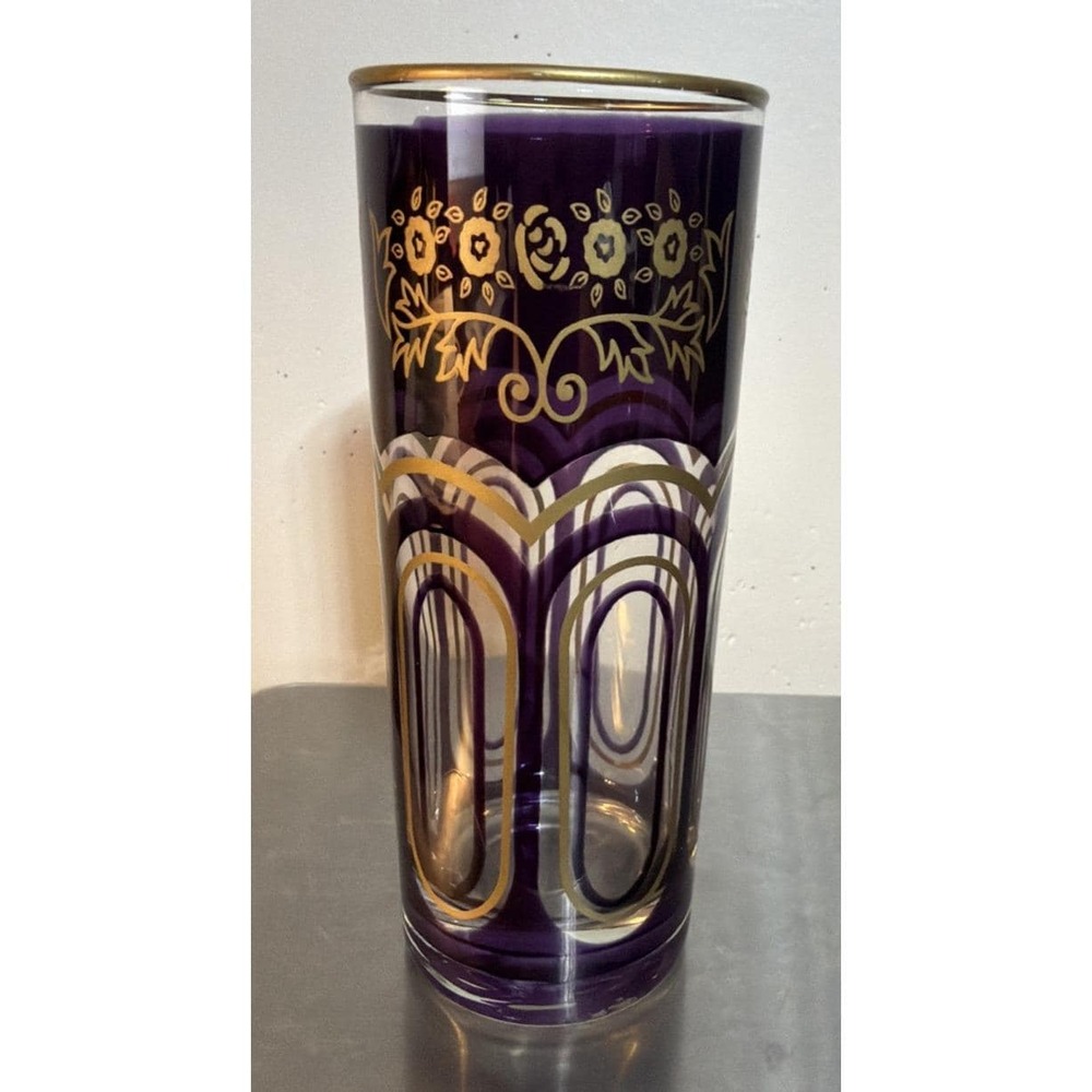 MCM Moroccan Glass Bohemian Dark Purple & Gold Exotic 6" Tumbler Highball Tea